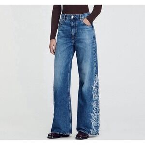 Sandro Paris Womens Flame Embroidered Flare Wide Leg Jeans $250 MSRP FR 40/US 32